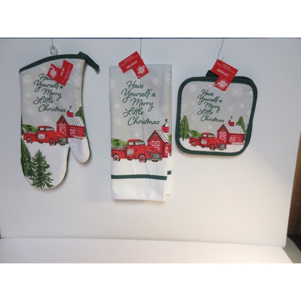 Christmas Holiday Kitchen Towels, Pot Holders, Oven Mitt 4pc Set -Truck & Barn